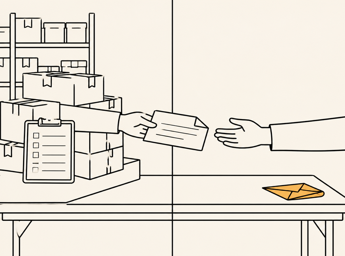 Minimal illustration of a warehouse bench split by a thin vertical line, left side a stack of returned parcels with a clipboard and shelf labels, right side an empty desk with a folded slip, two hands passing a single document across the divide, flat muted shapes, one orange element, generous white space.