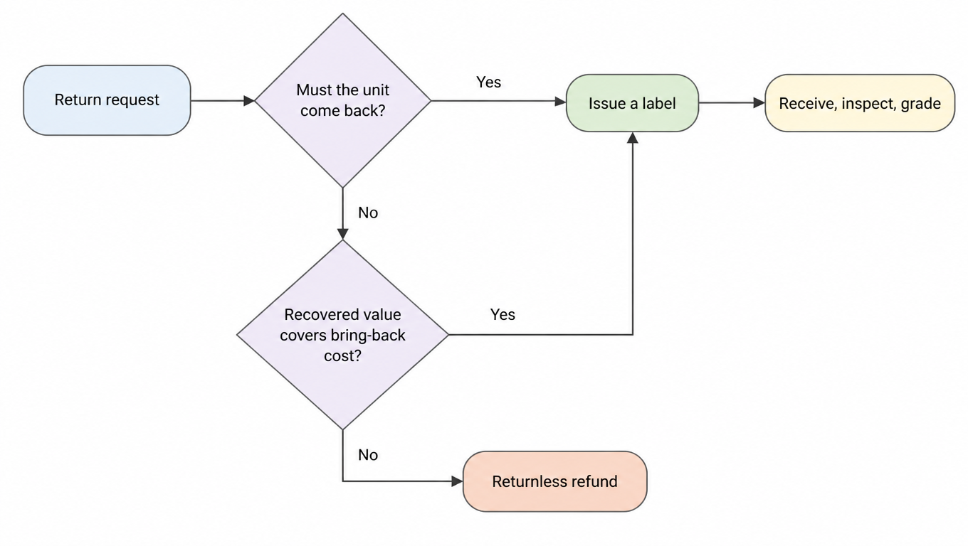 Flowchart: a return request first checks whether the unit must come back, which sends it straight to a label; when no requirement applies, recovered value is compared with the bring-back cost, a higher value sends a label and a higher cost triggers a returnless refund; labelled returns then go to receiving, inspection, and grading