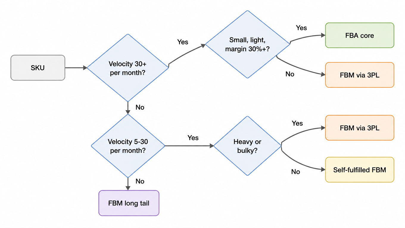 Allocation decision flow: velocity 30+ per month first, then small and light with 30%+ margin, landing on FBA core, FBM via 3PL, FBM long tail, or self-fulfilled FBM