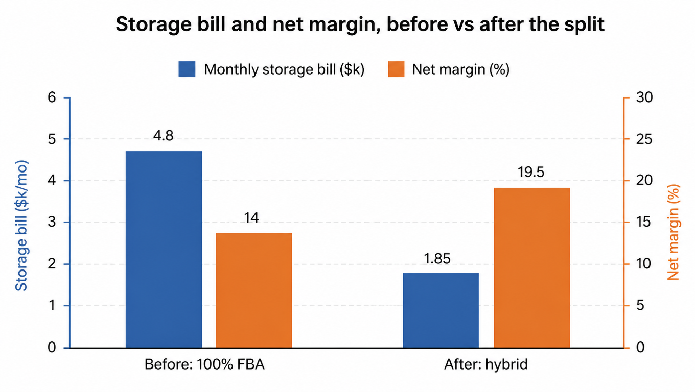 Before vs after bar chart: monthly storage bill from $4,800 down to $1,850, net margin from 14% up to 19.5%