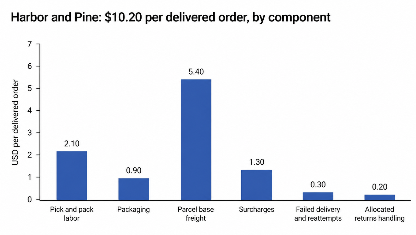 Bar chart: Harbor and Pine cost per delivered order by component, pick and pack labor 2.10, packaging 0.90, parcel base freight 5.40, surcharges 1.30, failed delivery and reattempts 0.30, allocated returns handling 0.20