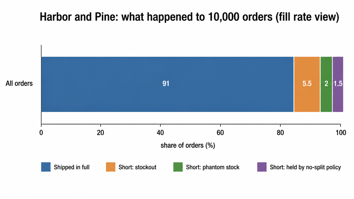 Stacked bar chart: what happened to Harbor and Pine's 10,000 orders (fill rate view), shipped in full 91%, short by stockout 5.5%, short by phantom stock 2%, short and held by no-split policy 1.5%