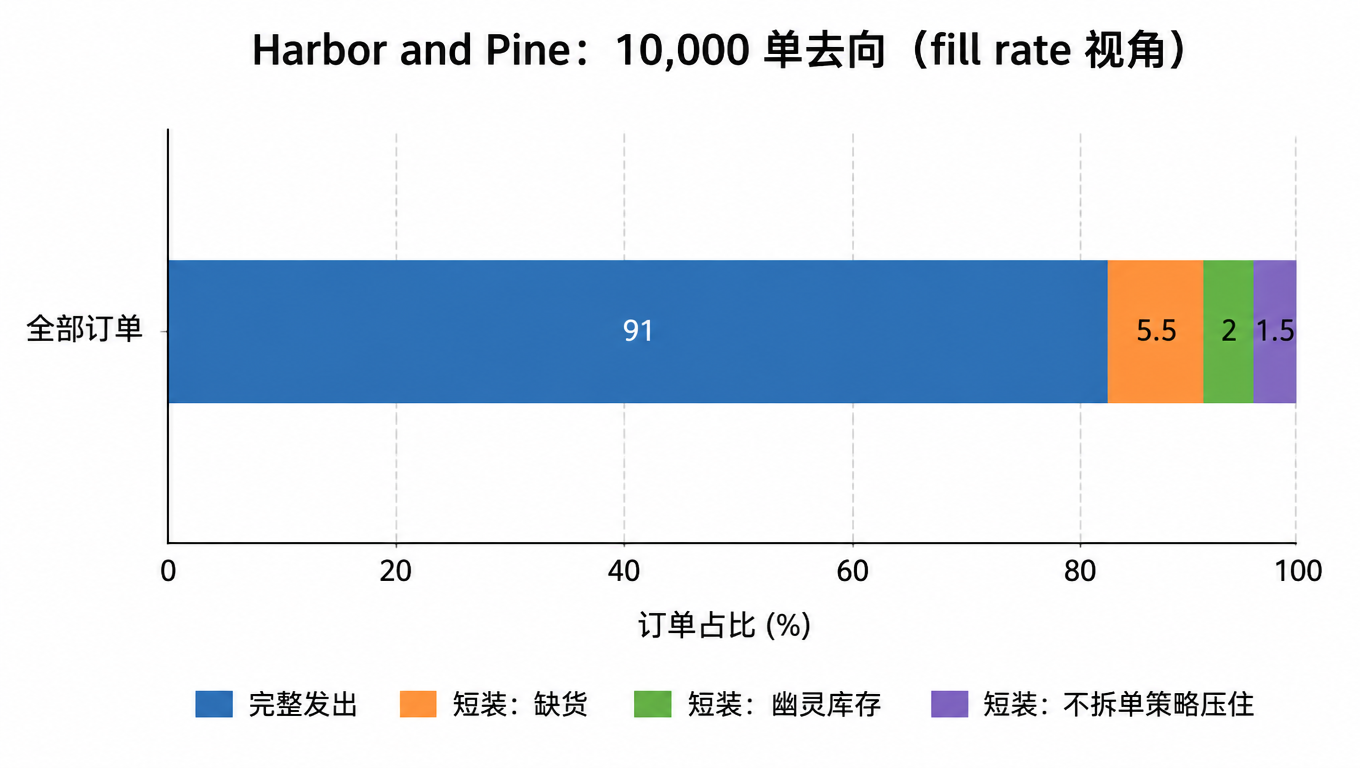 堆叠柱状图:Harbor and Pine 的 10,000 单去向(fill rate 视角),完整发出 91%,缺货短装 5.5%,幽灵库存短装 2%,不拆单策略压住 1.5%