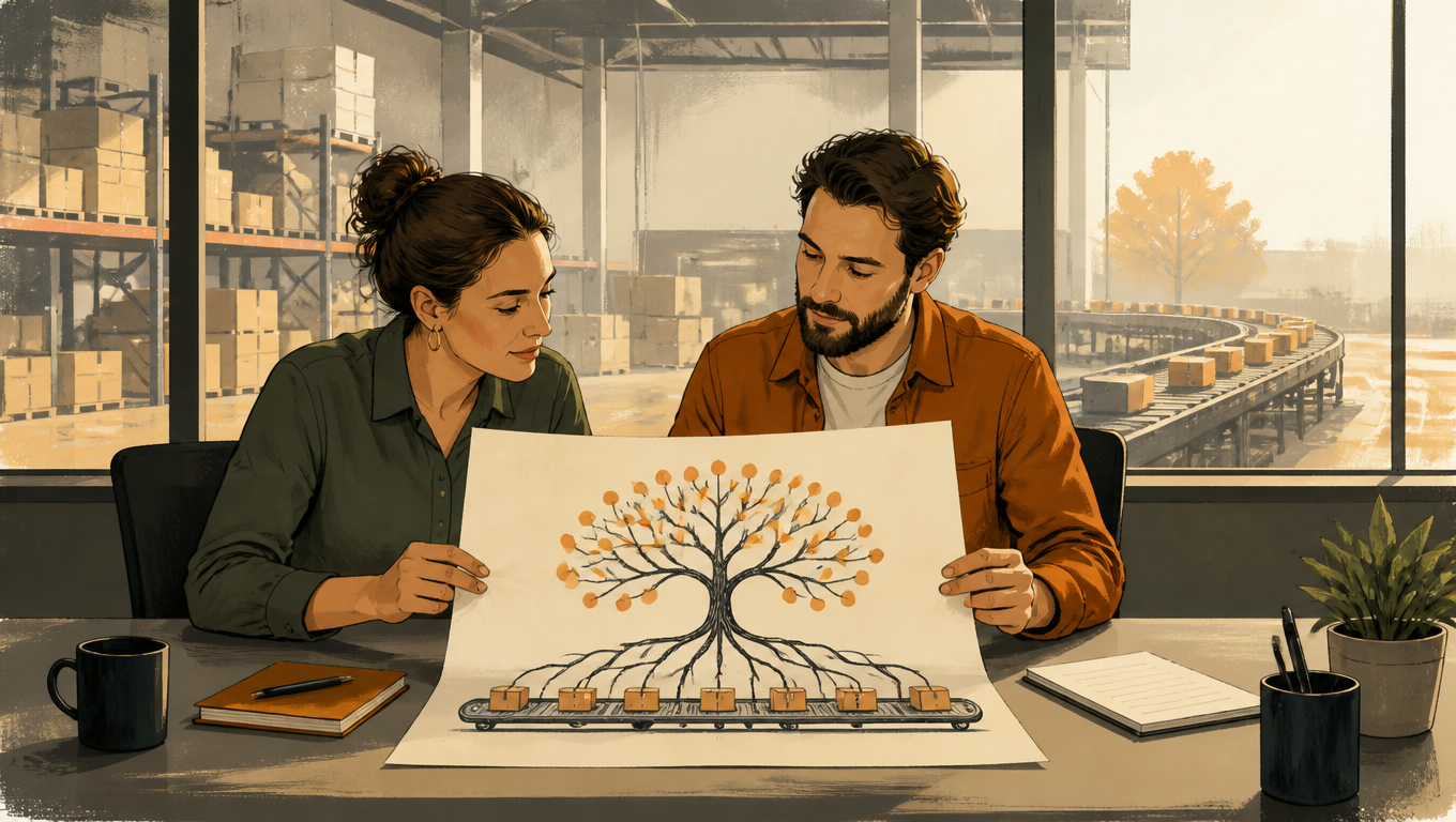Brand operations lead and 3PL account manager review a tree-shaped scorecard in a warehouse office.