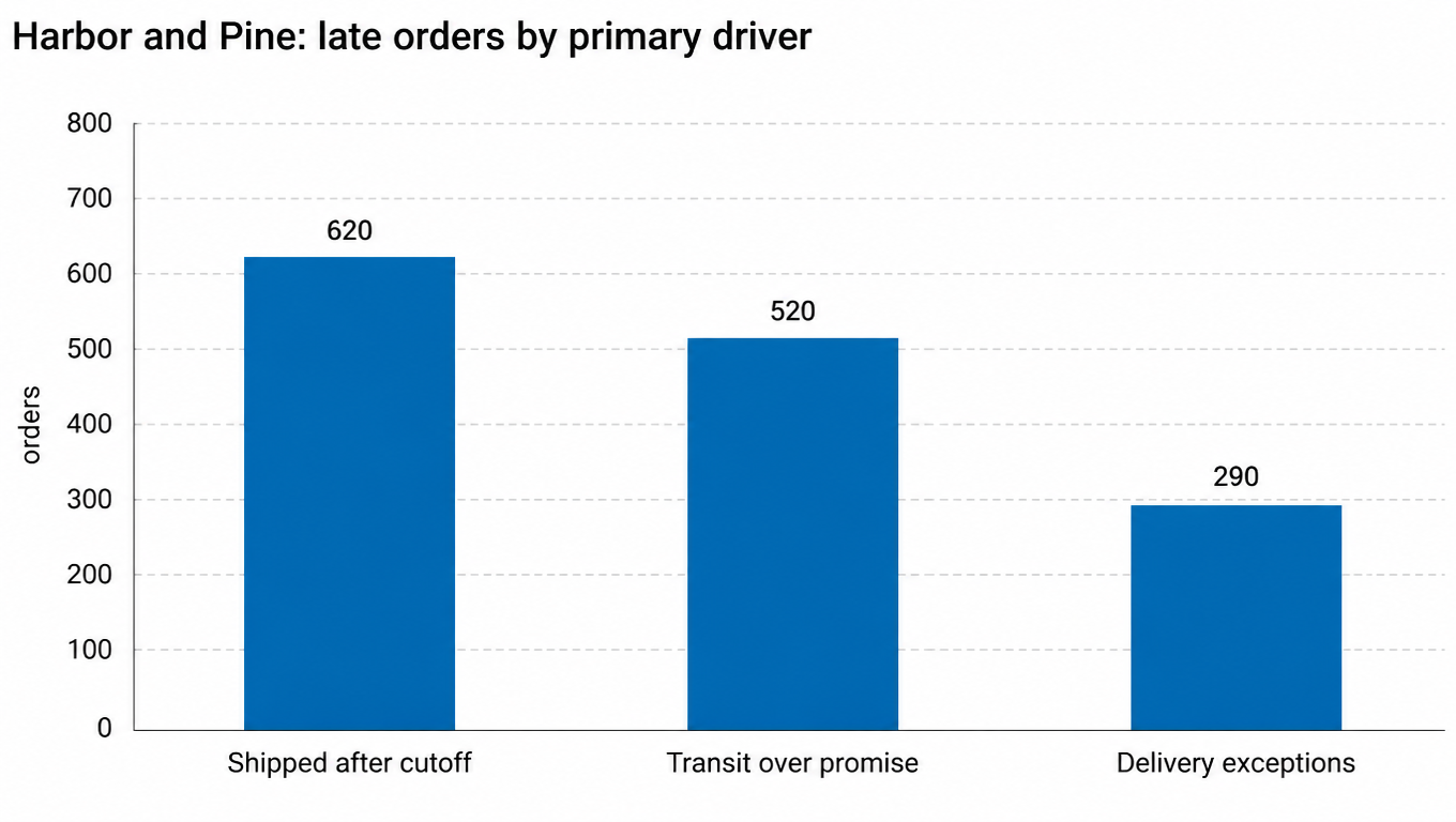 Bar chart: Harbor and Pine late orders by primary driver, shipped after cutoff 620, transit over promise 520, delivery exceptions 290