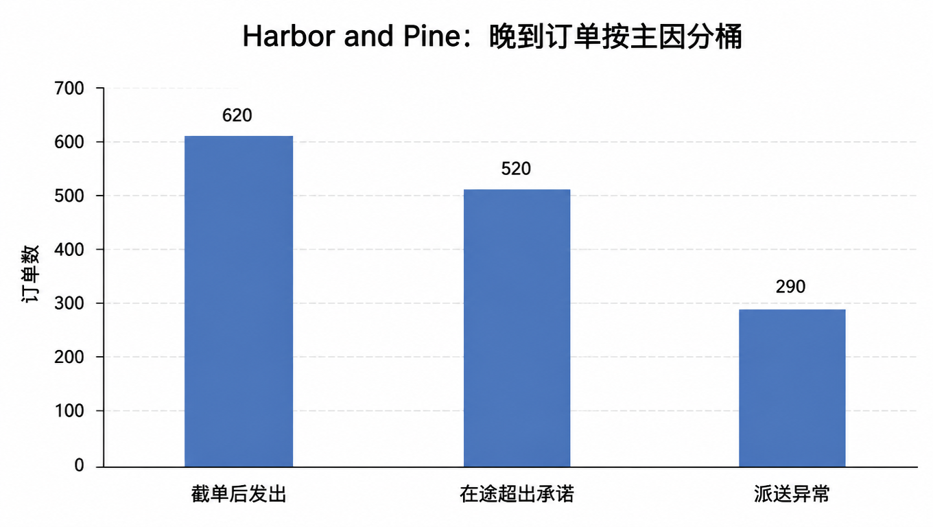 柱状图:Harbor and Pine 晚到订单按主因分桶,截单后发出 620 单、在途超出承诺 520 单、派送异常 290 单