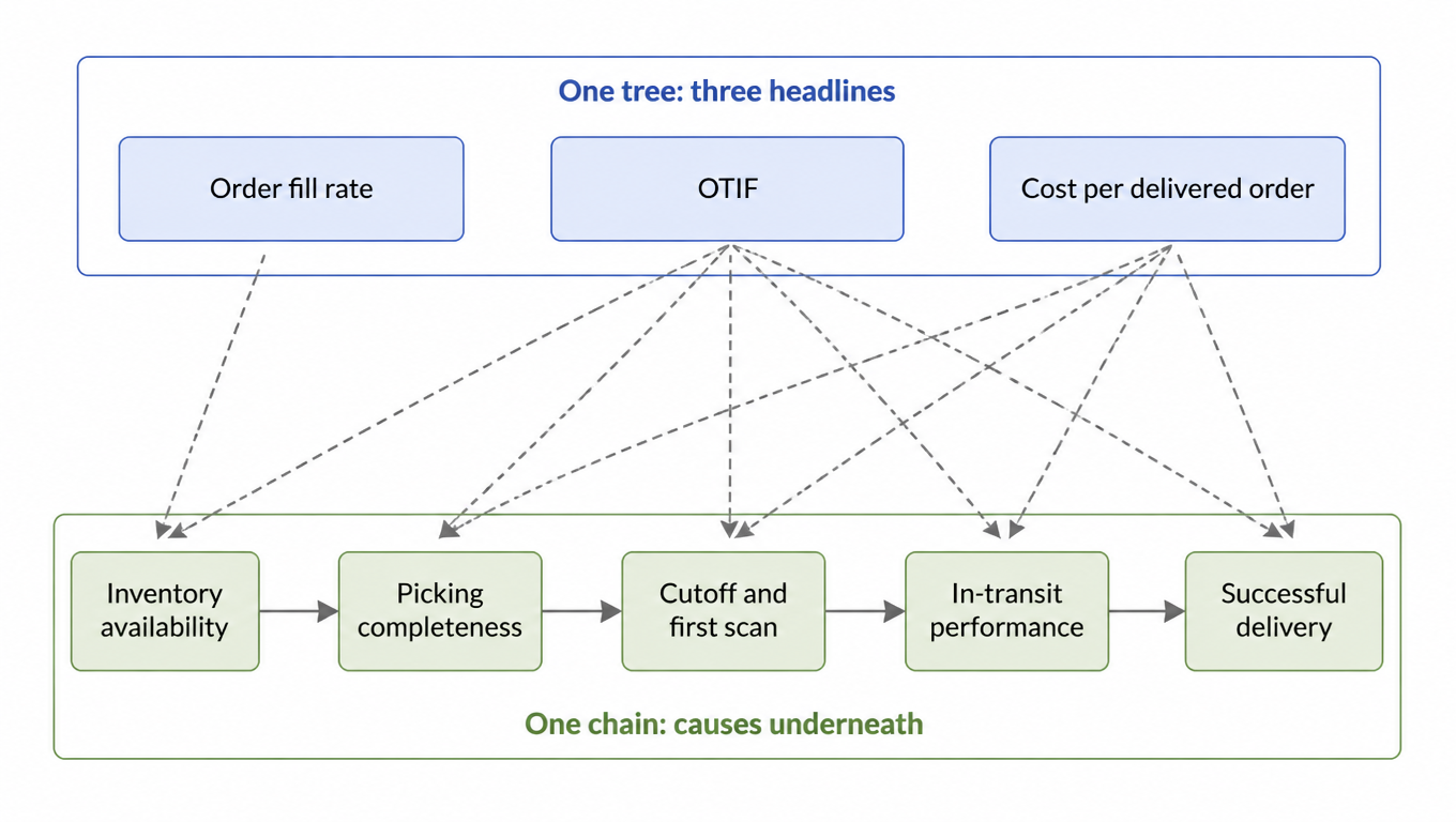 Diagram: one tree with three headlines (order fill rate, OTIF, cost per delivered order) sitting on one causal chain (inventory availability, picking completeness, cutoff and first scan, in-transit performance, successful delivery), with each metric linked to the stages it reads