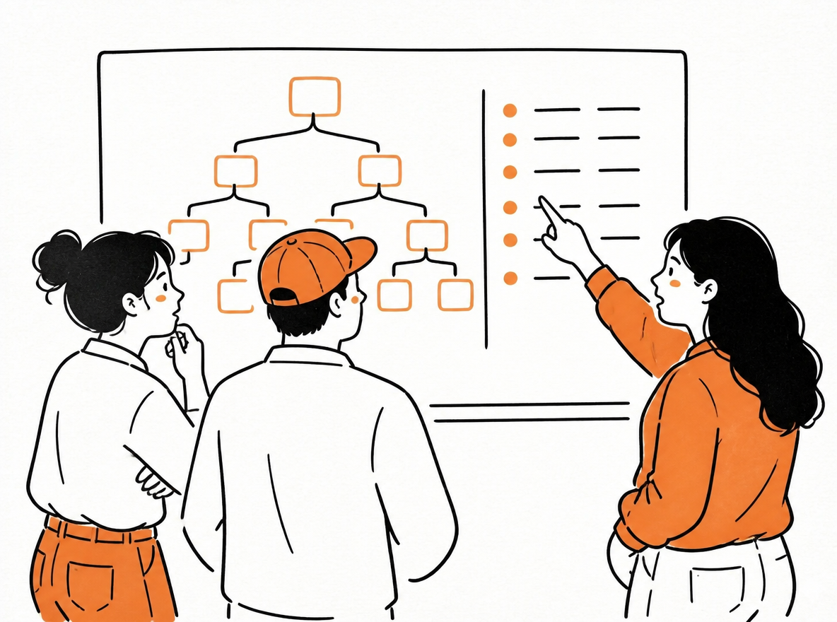 Three people from two teams draw a shared metric tree and review scan timestamps on a whiteboard.