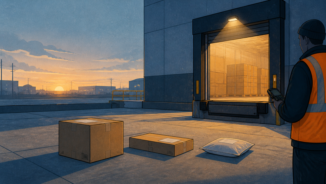 Editorial illustration of a single loading dock at a U.S. fulfillment warehouse at dawn, three parcels of clearly different sizes and shapes waiting on the concrete apron with plain unlabeled shipping labels, a worker in a hi-vis vest checking a handheld scanner at the edge of the frame, fluorescent dock light spilling out behind them and cool blue morning light in front, ink outline with warm orange accents, slightly asymmetric composition with visible paper grain.