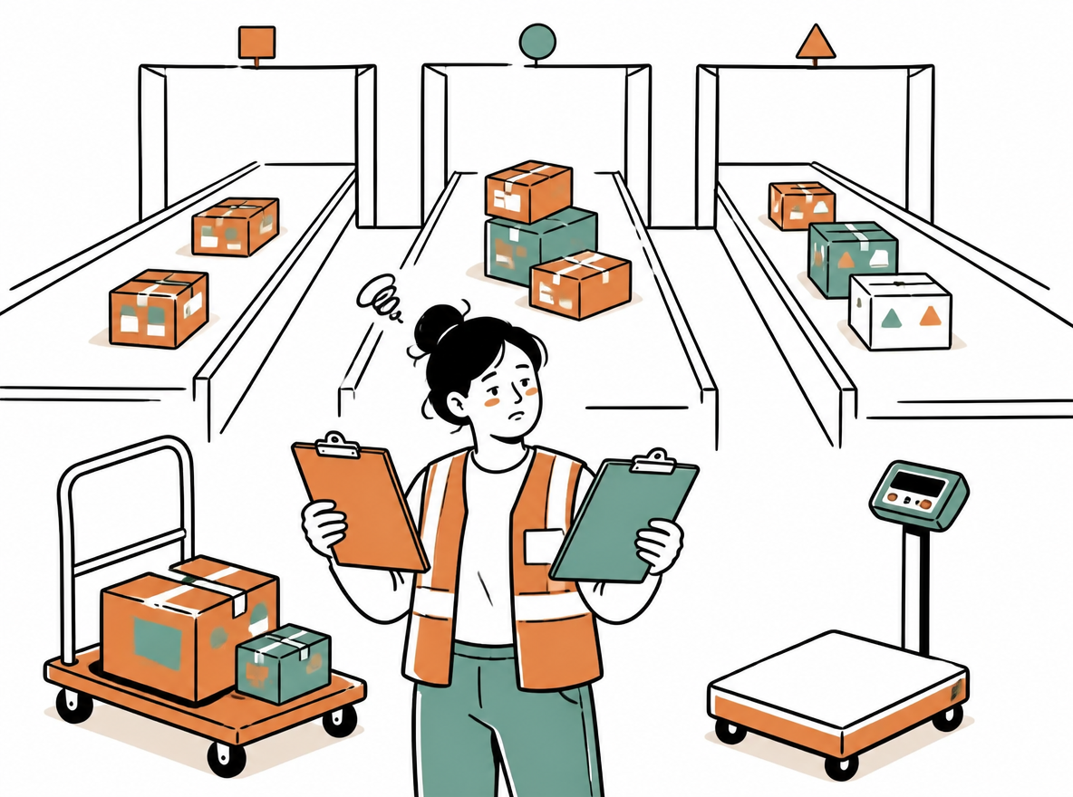 Hand-drawn illustration of a warehouse dock cross-section with three separate induction lanes running in parallel, each stacked with a few parcels and tagged with a small colored route marker, a supervisor in the foreground comparing two clipboards with a slightly tired expression, a rolling cart and a scale pushed to the side, loose ink line work with warm orange and muted teal fills, generous white space, gently humorous.