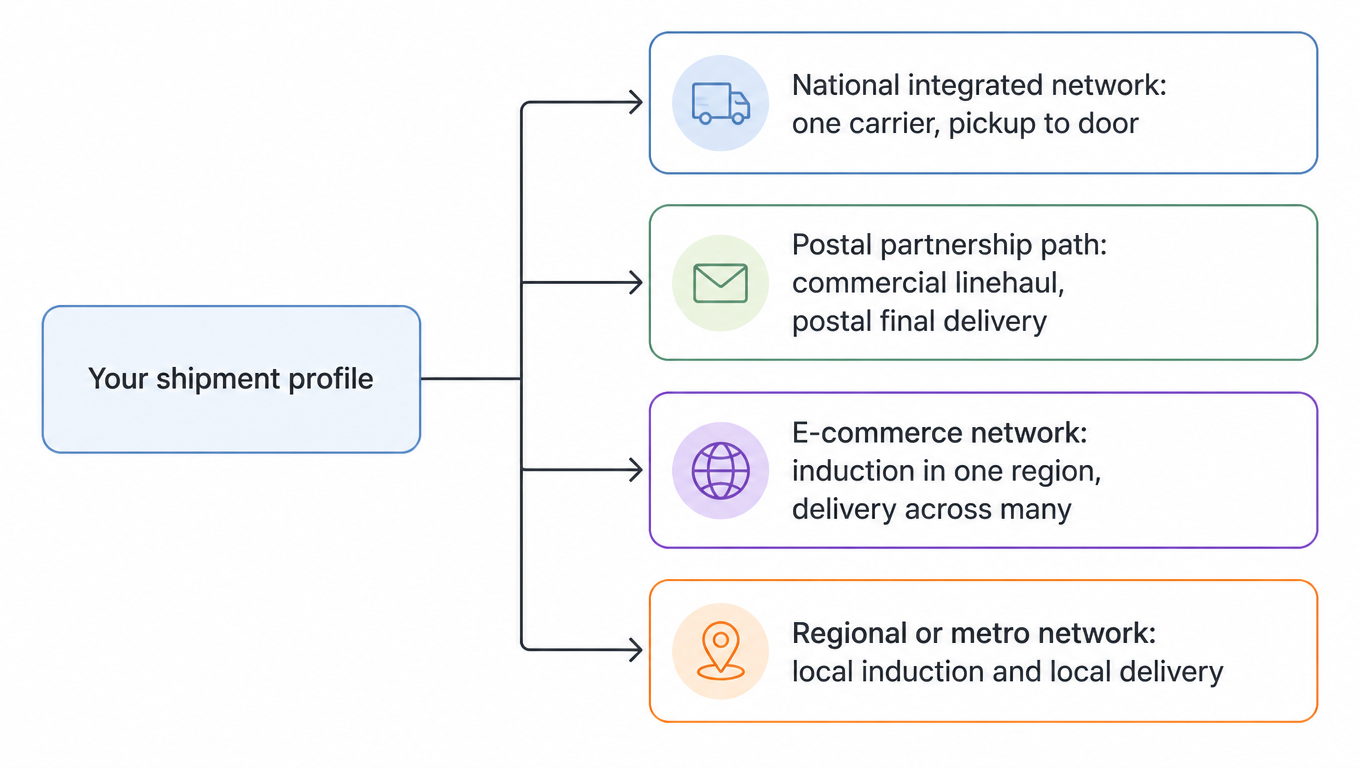 Flowchart branching from your shipment profile into four network models: national integrated network, postal partnership path, e-commerce network, and regional or metro network