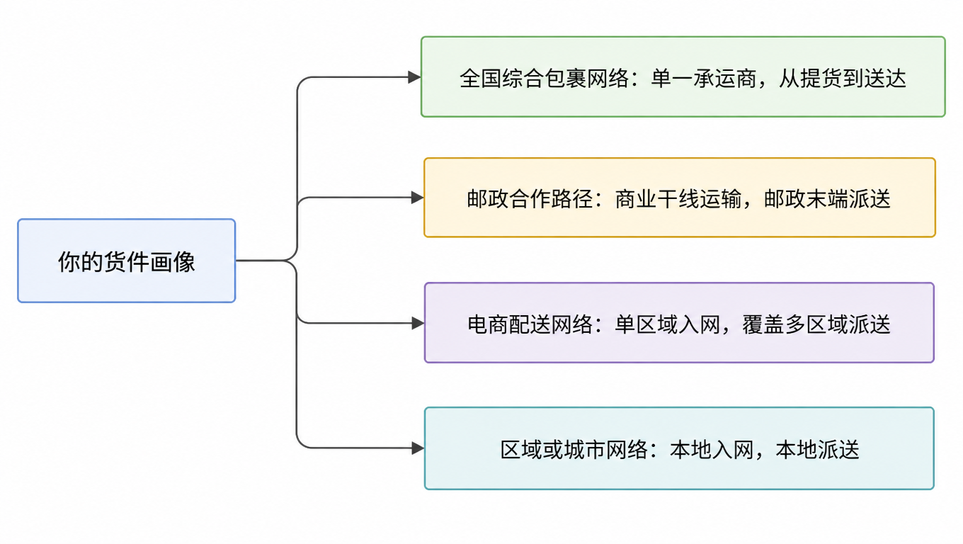 流程图：从「你的货件画像」分出四条网络模式分支：全国综合包裹网络、邮政合作路径、电商配送网络、区域或城市网络