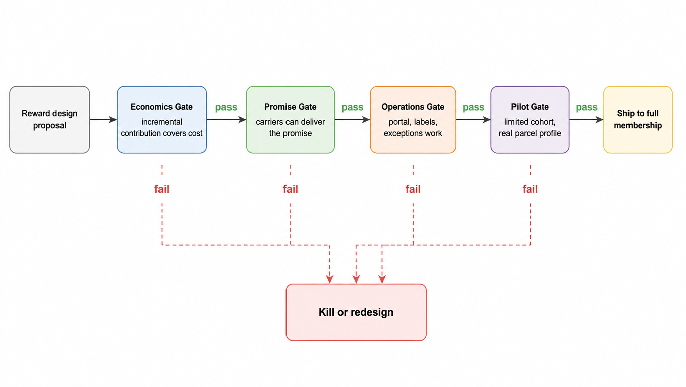 Flowchart: reward design proposal enters the Economics Gate (incremental contribution covers cost), fail leads to kill or redesign, pass leads to the Promise Gate (carriers can deliver the promise), then the Operations Gate (portal, labels, exceptions work), then the Pilot Gate (limited cohort, real parcel profile), and a passing pilot ships to full membership