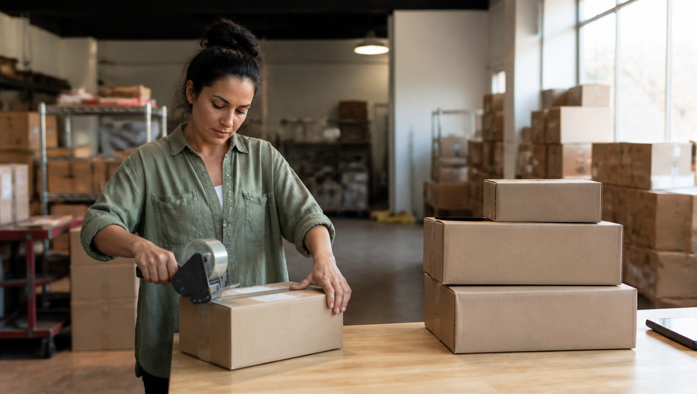 Worker tapes and labels a box in a DTC warehouse beside parcels ready to ship.