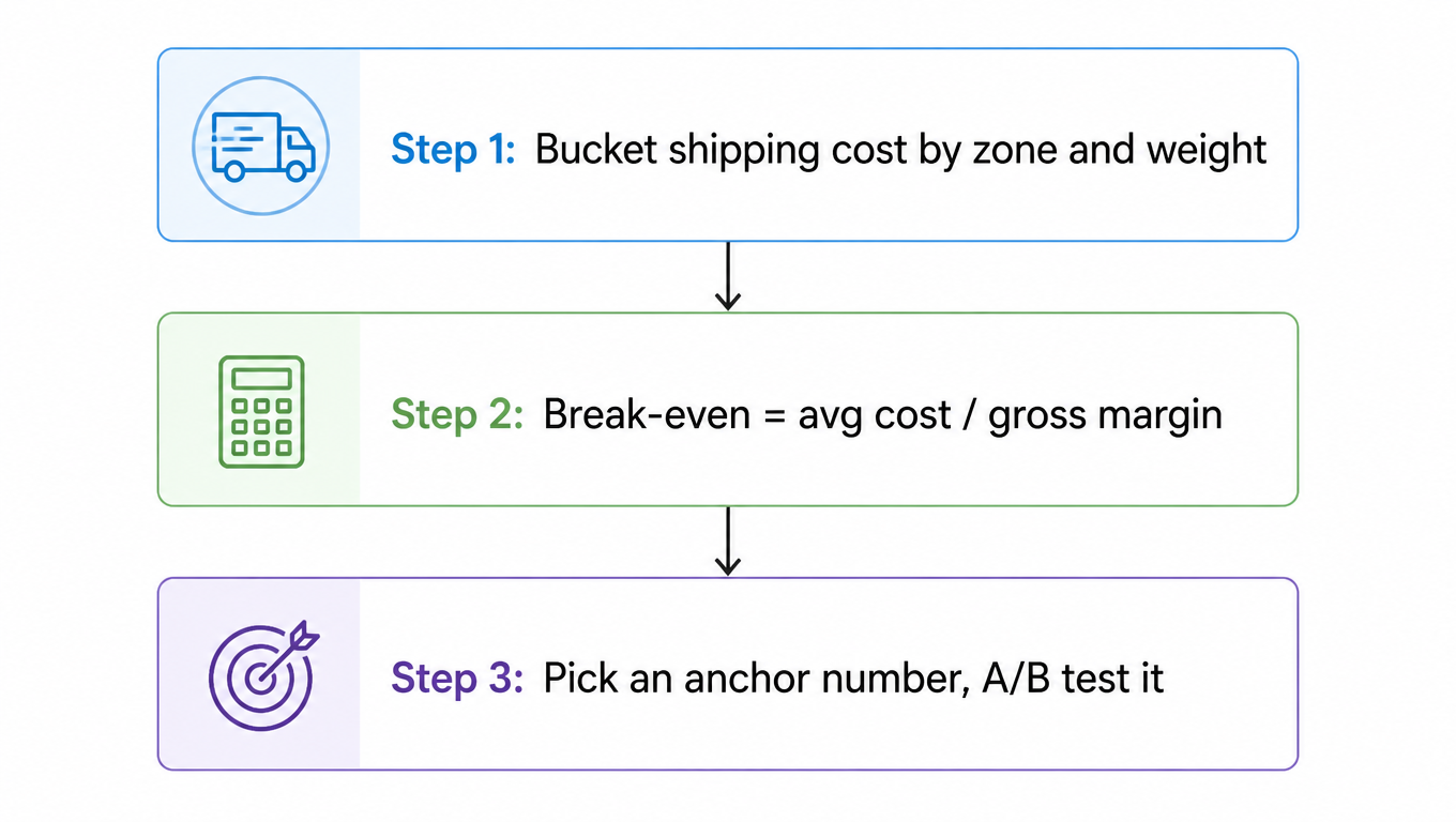 Flowchart: step 1 bucket shipping cost by zone and weight, step 2 break-even equals average cost divided by gross margin, step 3 pick an anchor number and A/B test it