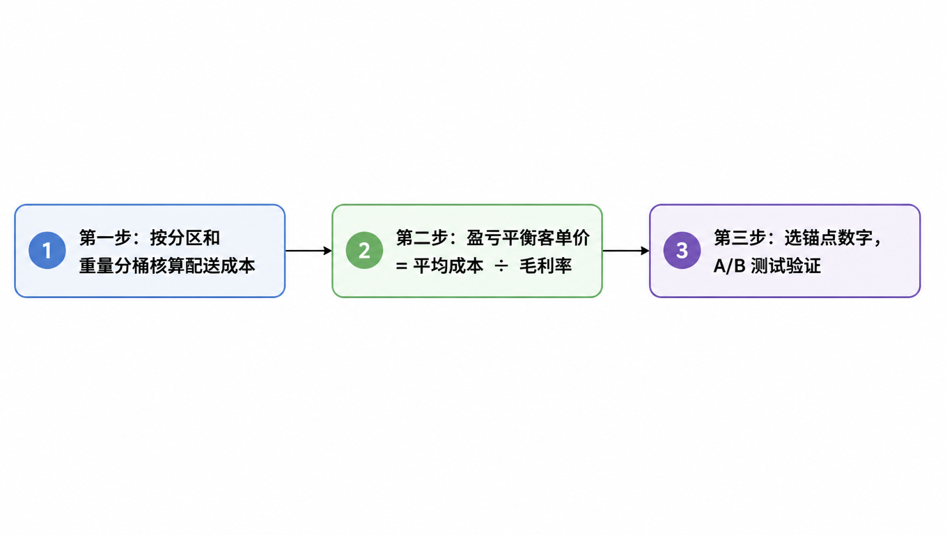 流程图:第一步按分区和重量分桶核算配送成本,第二步盈亏平衡客单价等于平均成本除以毛利率,第三步选锚点数字并 A/B 测试