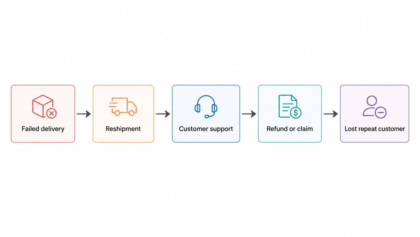 Cost chain diagram: failed delivery → reshipment → customer support → refund or claim → lost repeat customer
