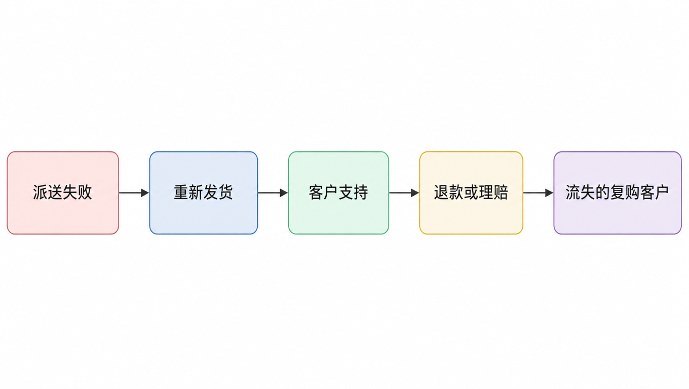 成本链图:派送失败 → 重新发货 → 客户支持 → 退款或理赔 → 流失的复购客户