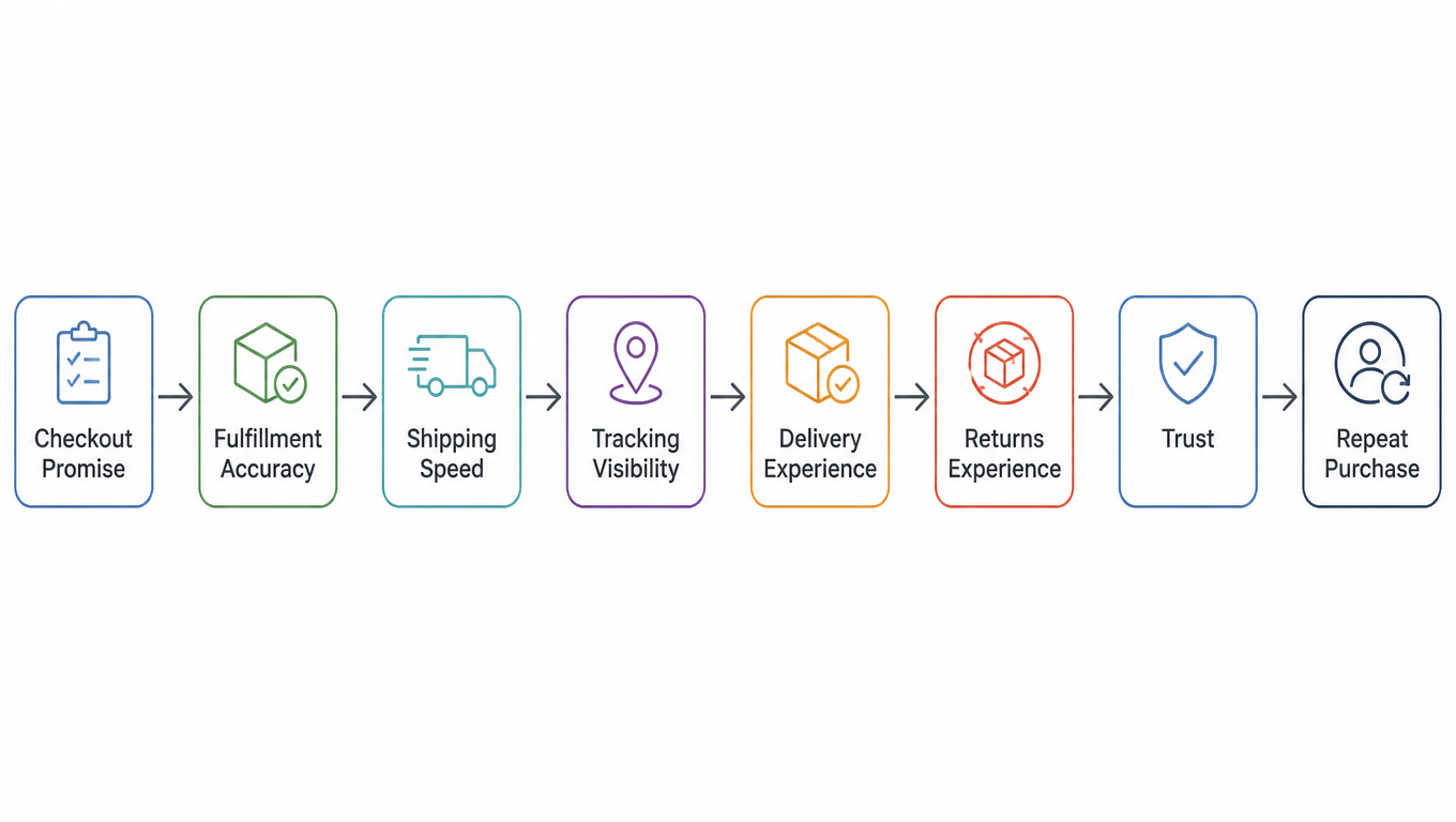 Loyalty chain: Checkout Promise → Fulfillment Accuracy → Shipping Speed → Tracking Visibility → Delivery Experience → Returns Experience → Trust → Repeat Purchase