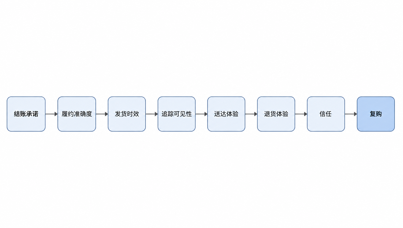 忠诚链路图:结账承诺 → 履约准确度 → 发货时效 → 追踪可见性 → 送达体验 → 退货体验 → 信任 → 复购
