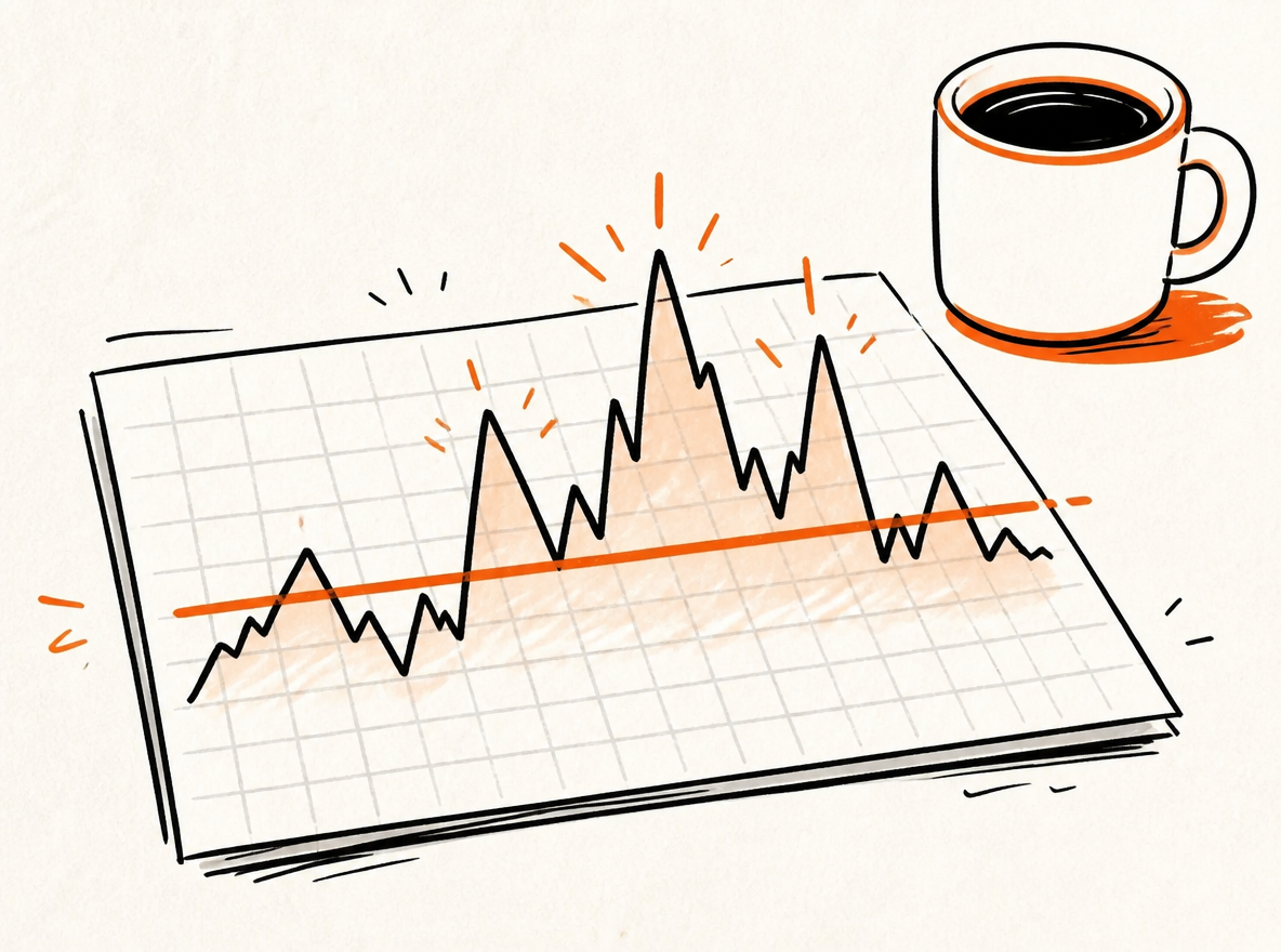 A flat average line contrasts with a sharply fluctuating hourly curve on a chart beside a coffee cup.