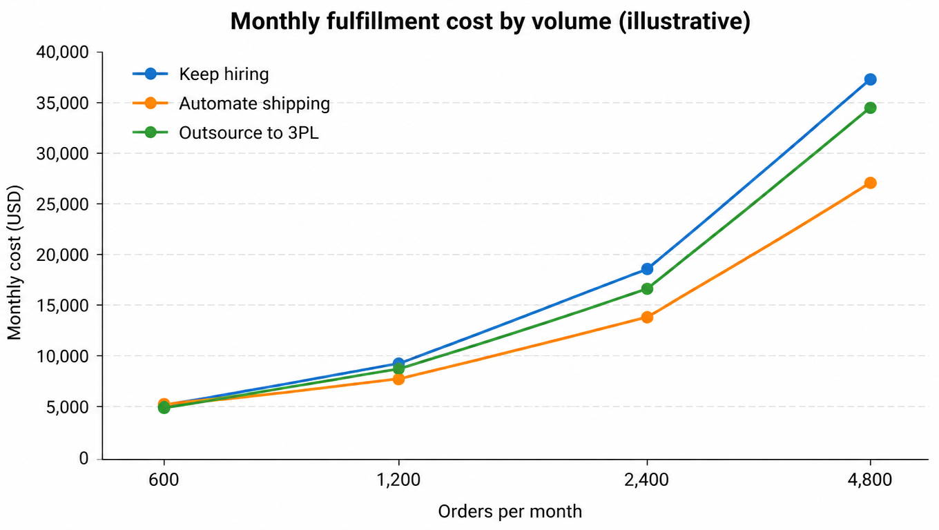 Line chart: monthly fulfillment cost from 600 to 4,800 orders per month across keep hiring, automate shipping, and outsource to 3PL; automation is cheapest at high volume
