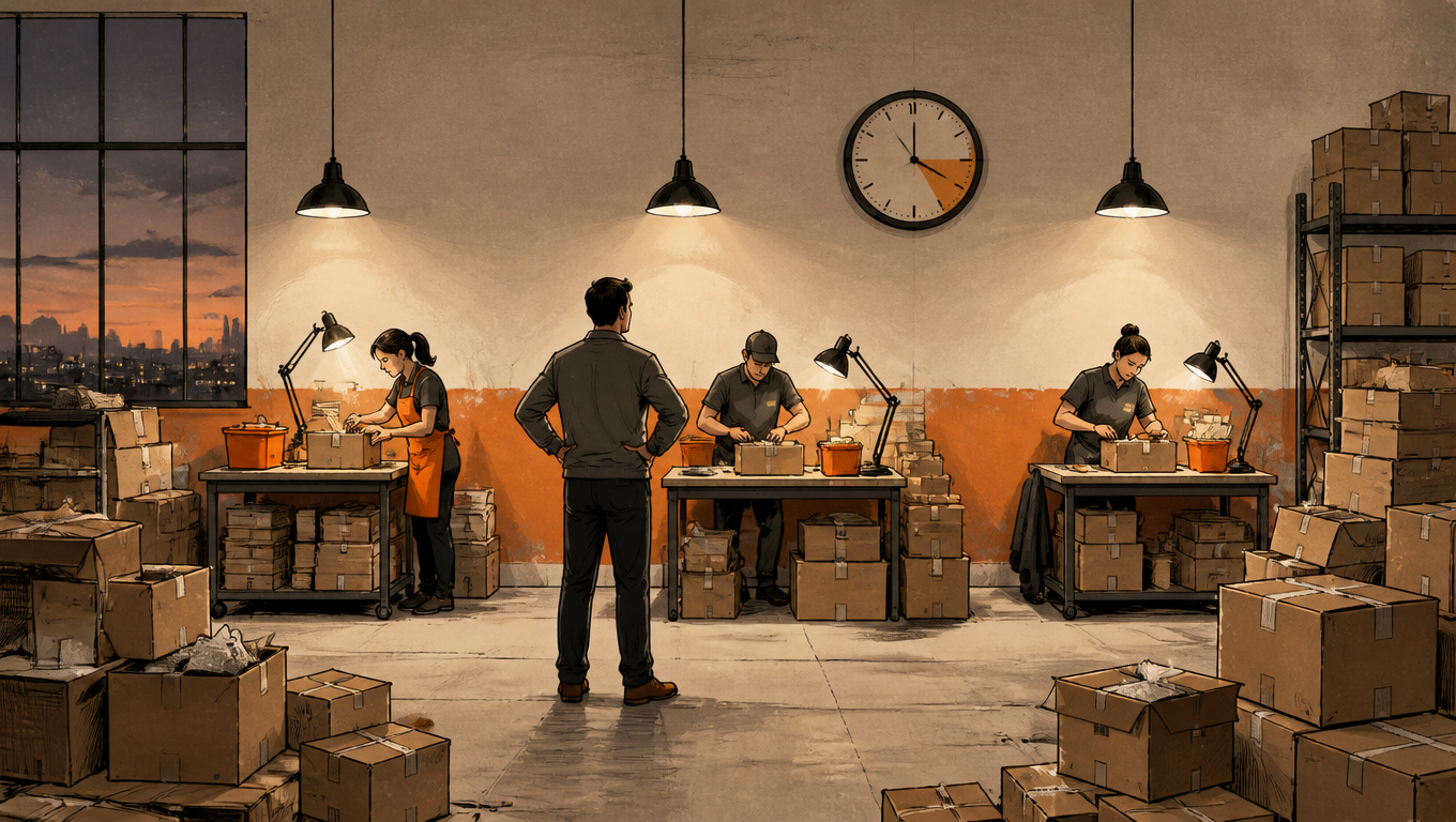 Manager stands between three busy packing stations in a small warehouse late at night.