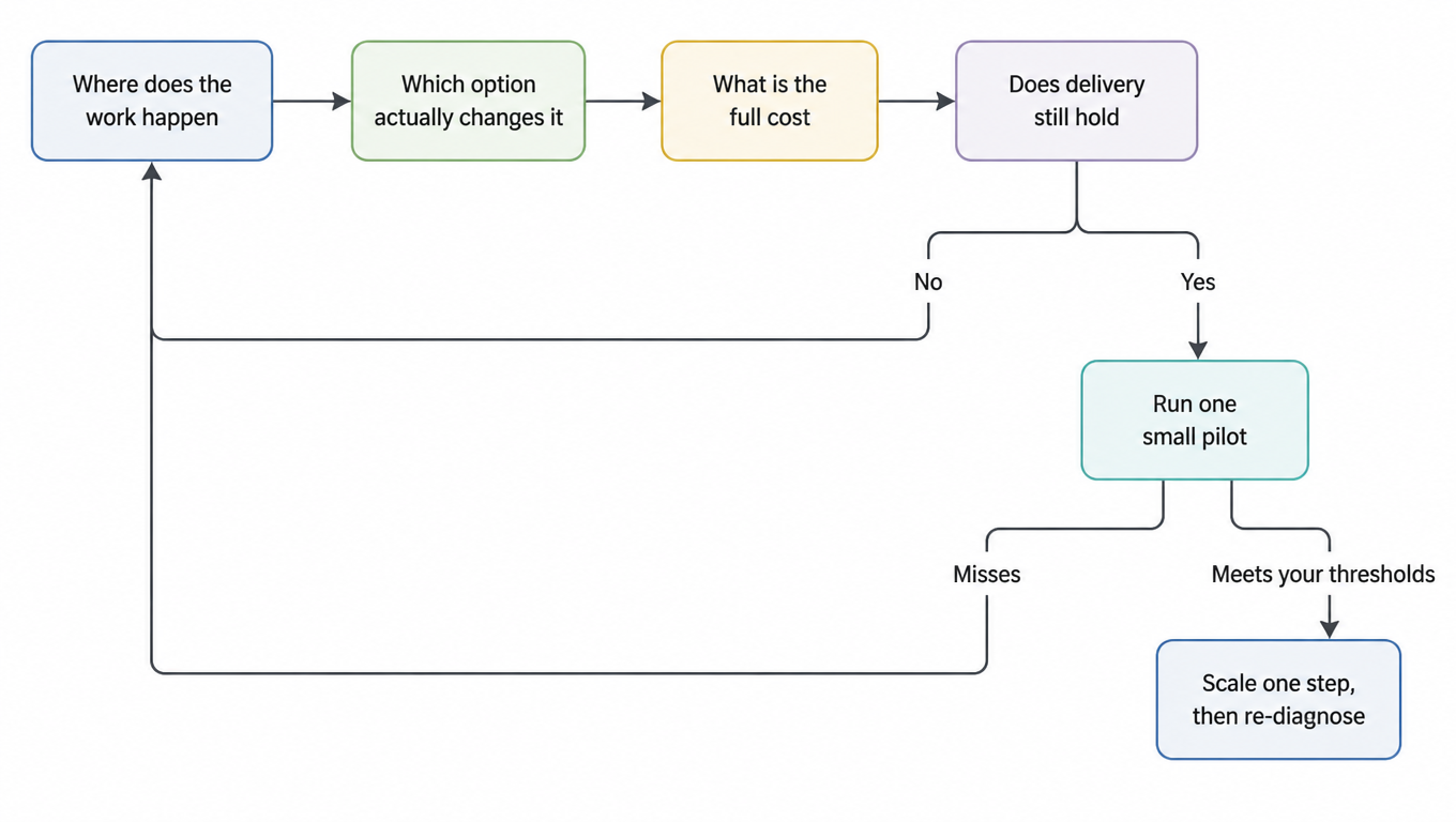 Flowchart: where the work happens, which option actually changes it, what the full cost is, whether delivery still holds; failing returns to the start, passing runs one small pilot, and meeting your thresholds scales one step before re-diagnosing