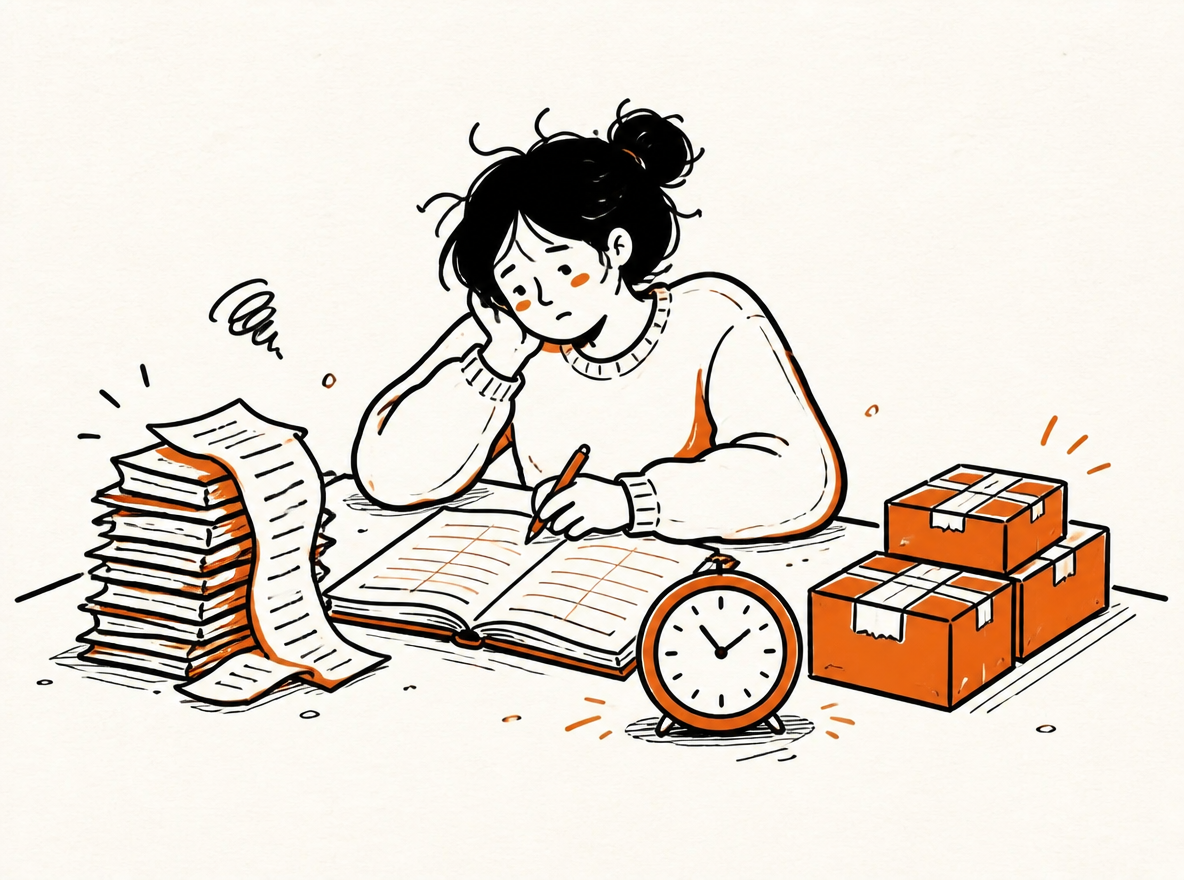 A hand-drawn editorial illustration of a small-business owner at a desk with an open ledger and three loose stacks beside it: receipts, a small clock, and a row of parcels waiting to ship.