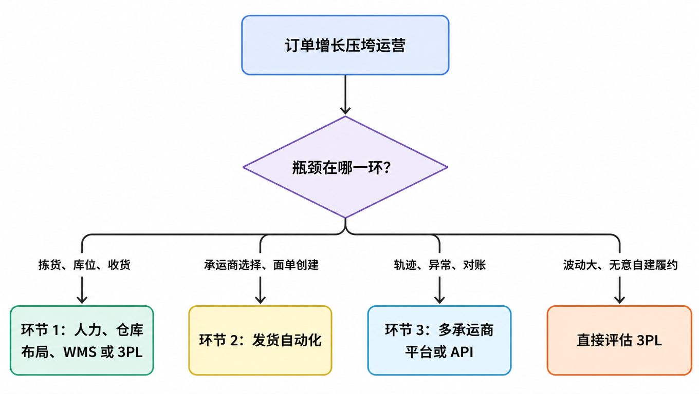 流程图:订单增长压垮运营,瓶颈定位分支到环节 1(人力、仓库布局、WMS 或 3PL)、环节 2(发货自动化)、环节 3(多承运商平台或 API),波动大且无意自建则直接评估 3PL