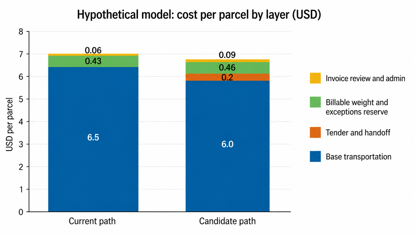 Stacked bar chart of the hypothetical cost per parcel by layer: a current path at about 6.99 dollars and a candidate path at about 6.75 dollars, split into base transportation, tender and handoff, dimensional weight and accessorials, exceptions and re-ship, and invoice review