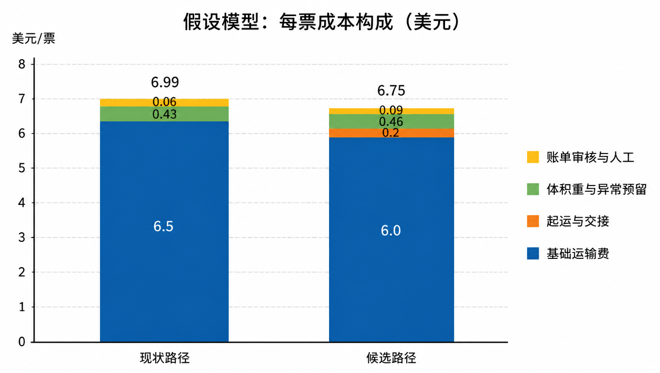 堆叠柱状图:假设模型中现状路径与候选路径的每票成本构成,现状约 6.99 美元、候选约 6.75 美元,构成含基础运输费、起运交接、体积重与附加、异常与重派、账单审核