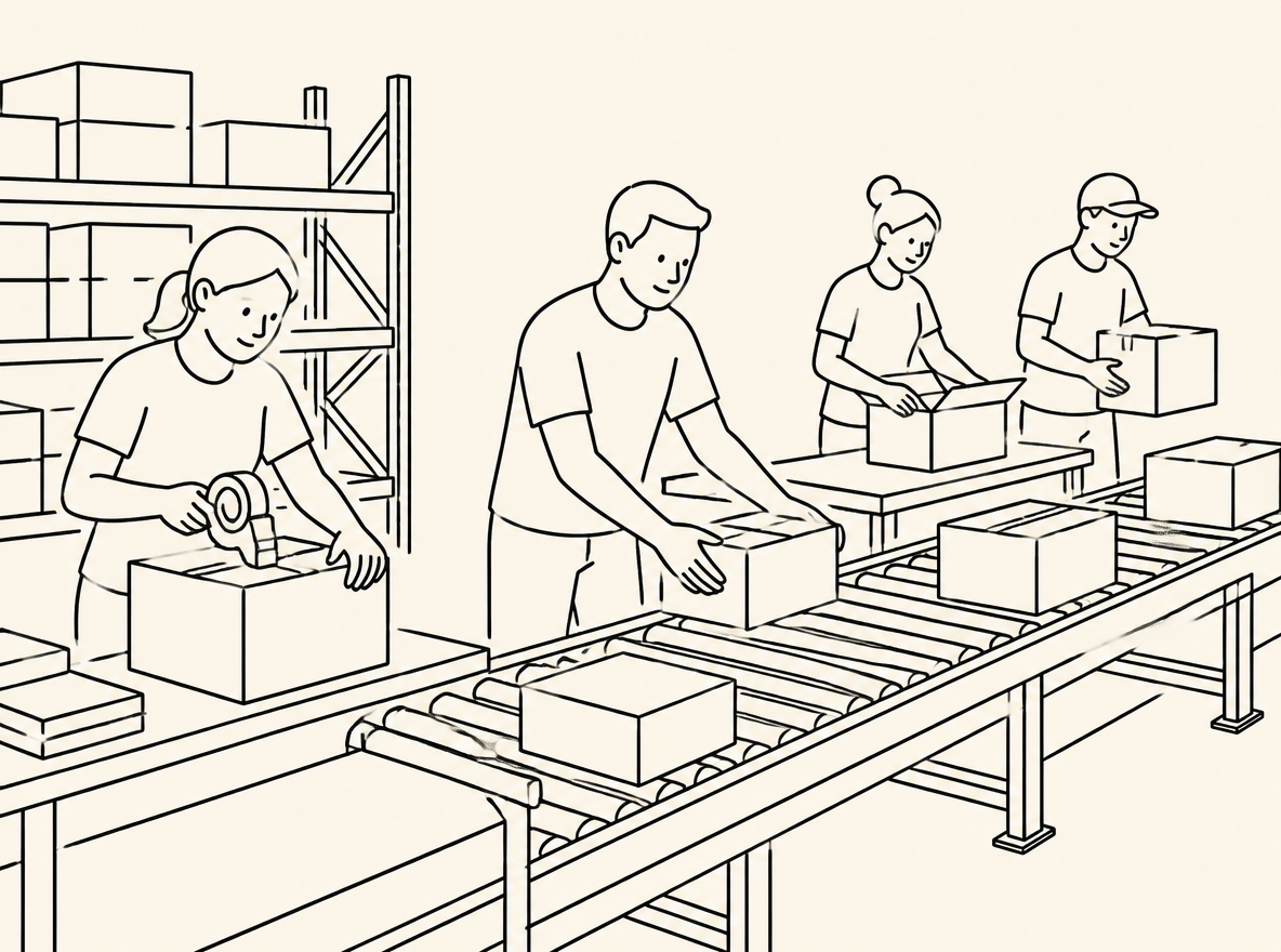 Packing stations and workers moving parcels on a conveyor inside a mid-size fulfillment center