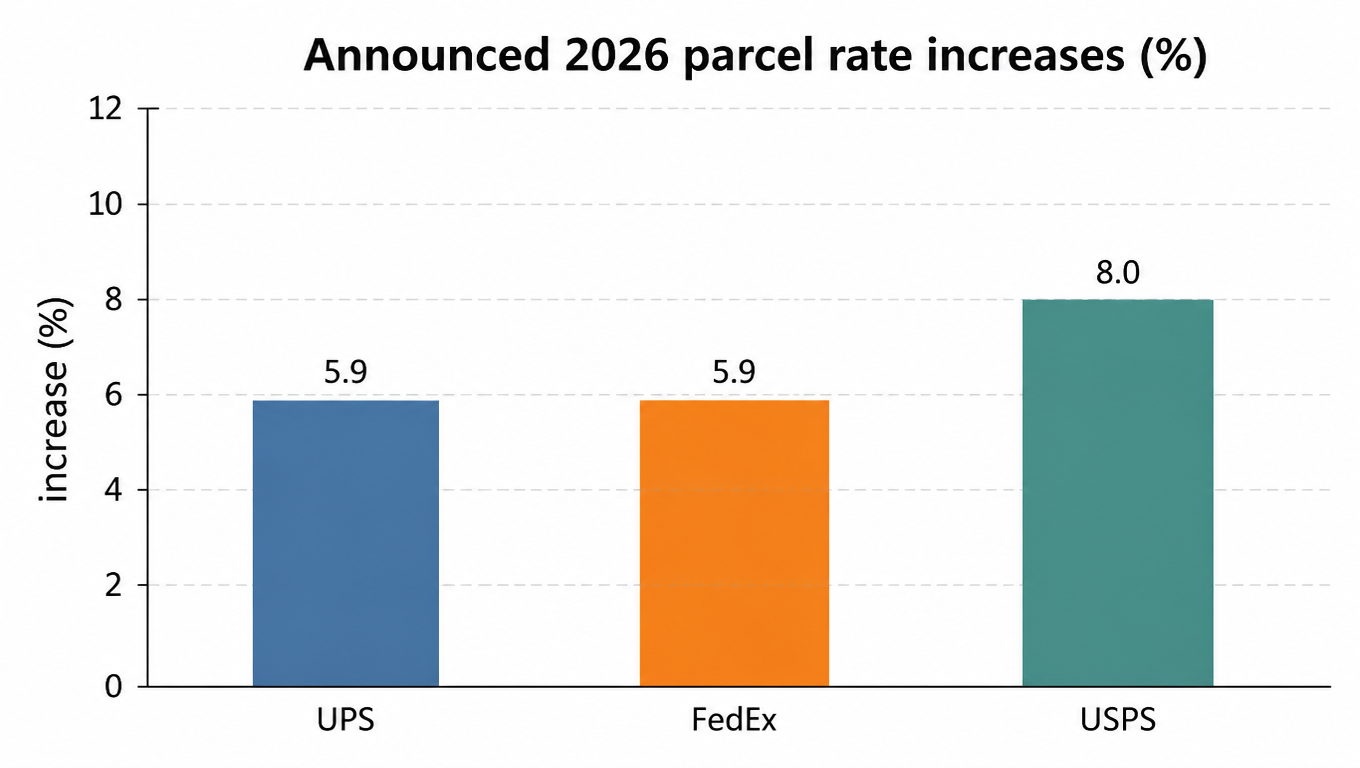Bar chart of announced 2026 parcel rate increases: UPS 5.9%, FedEx 5.9%, USPS 8%