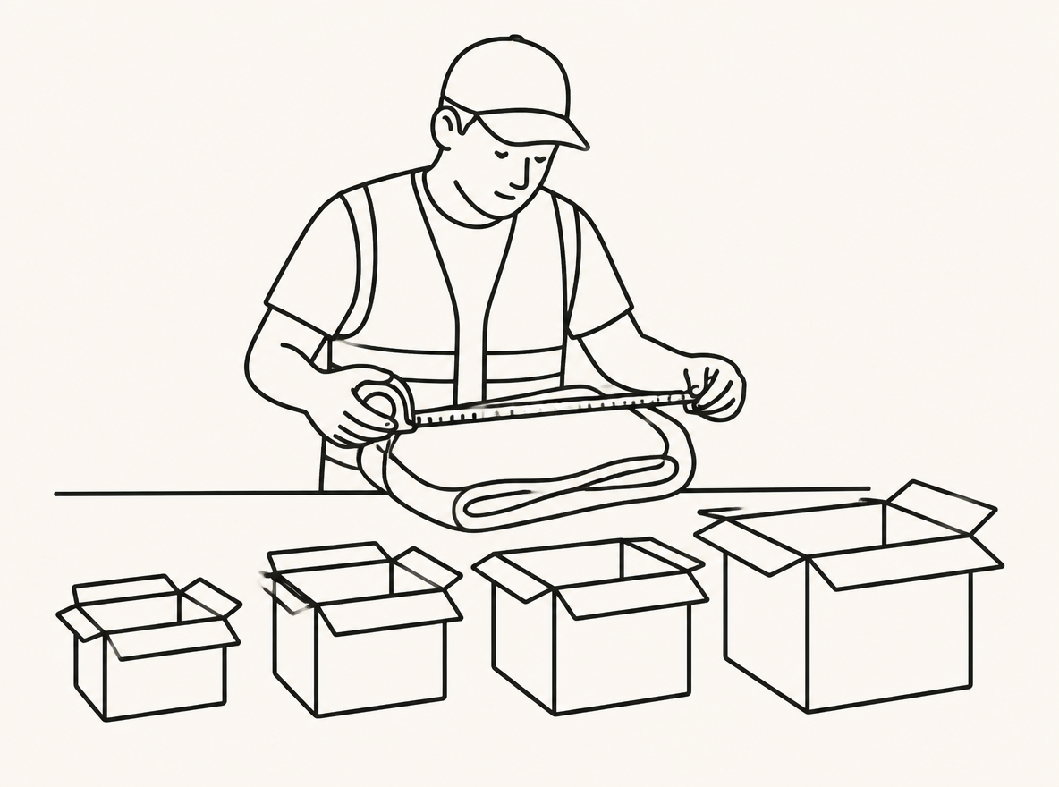 A warehouse operator measuring a product against a range of cardboard boxes to choose the smallest fitting carton