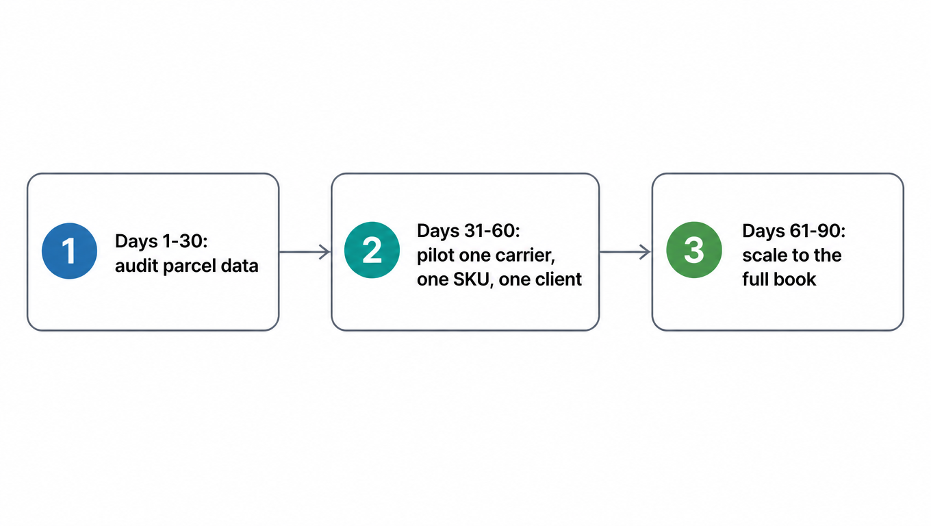 Flowchart of a 90-day roadmap: days 1-30 audit parcel data, days 31-60 pilot one carrier, one SKU, one client, days 61-90 scale to the full book