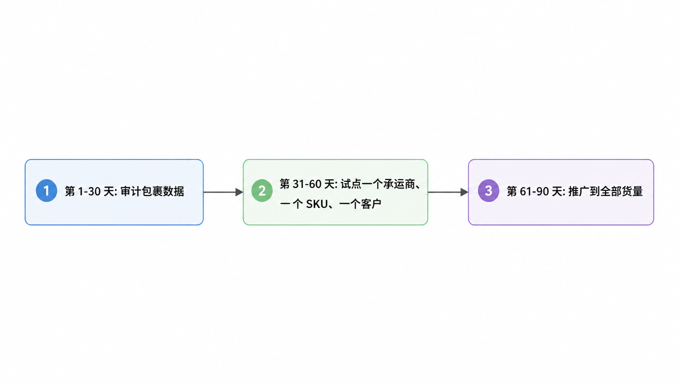90 天路线流程图:第 1-30 天审计包裹数据,第 31-60 天试点一个承运商、一个 SKU、一个客户,第 61-90 天推广到全部货量