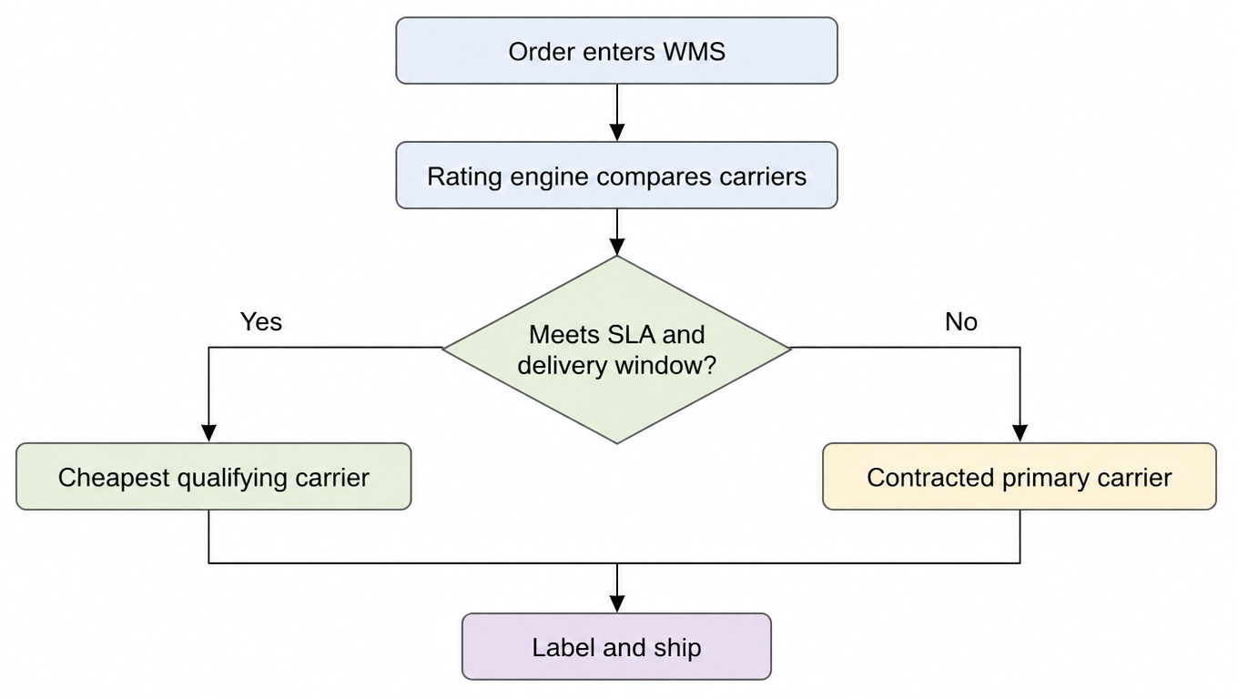Flowchart of multi-carrier routing: order enters WMS, rating engine compares carriers, cheapest qualifying carrier if SLA is met, otherwise contracted primary carrier, then label and ship