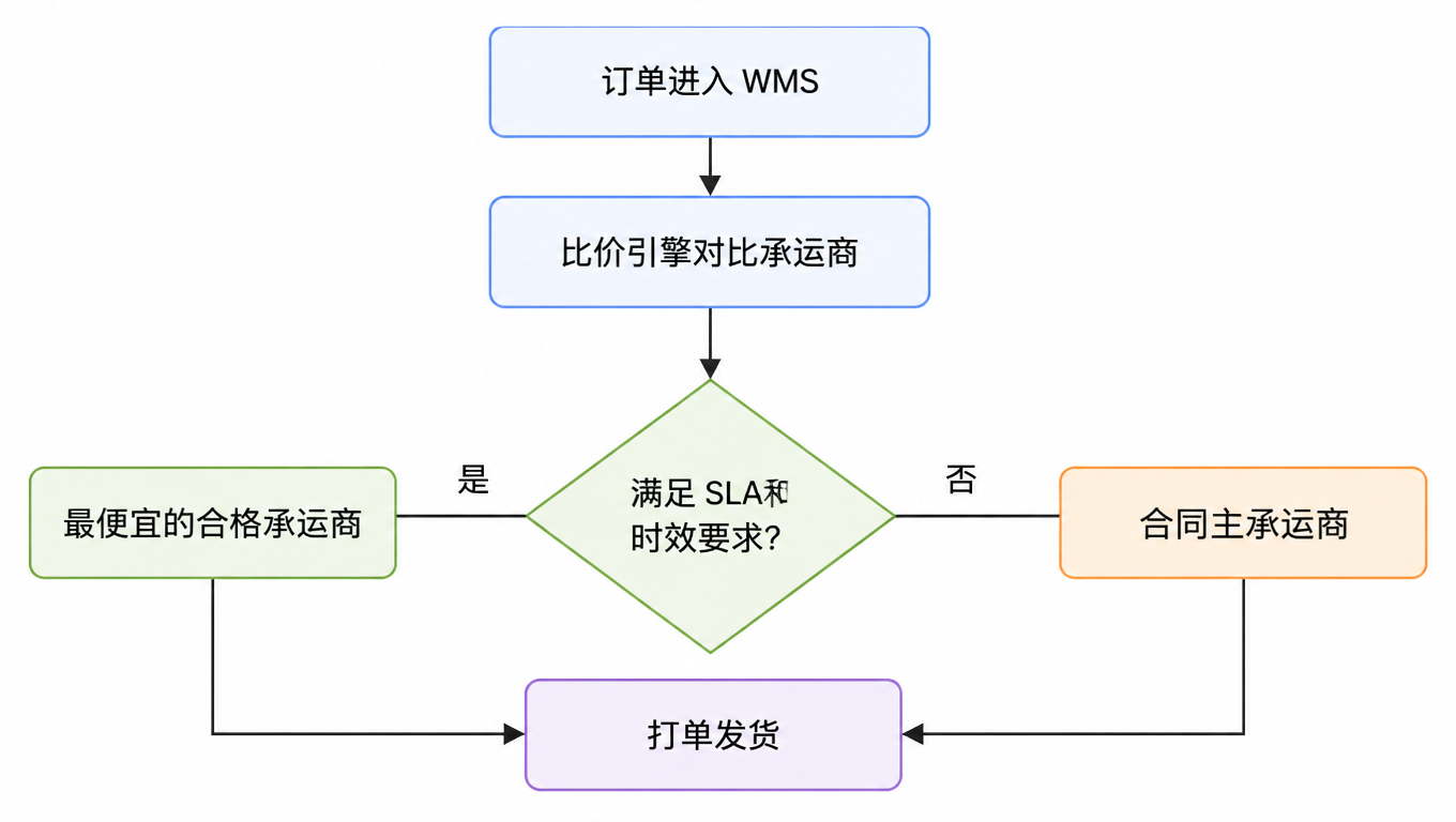 多承运商路由流程图:订单进入 WMS,比价引擎对比承运商,满足 SLA 则选最便宜的合格承运商,否则用合同主承运商,最后打单发货