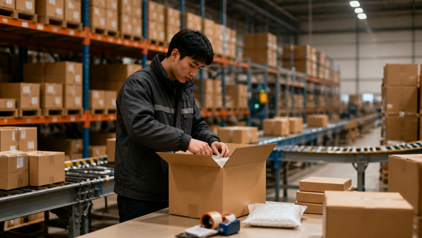 A modern ecommerce warehouse: a worker at a packing station boxing products and labeling parcels, with shelves and a conveyor belt behind, warm tones