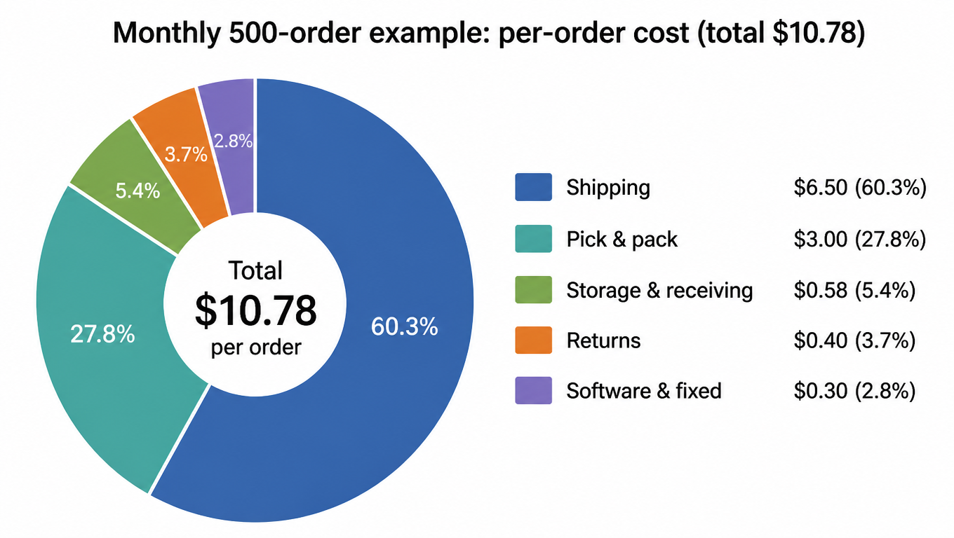 Monthly 500-order example: per-order cost breakdown (total $10.78)