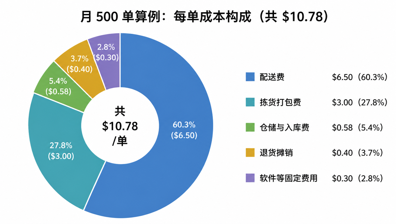 Monthly 500-order example: per-order cost breakdown (total $10.78)