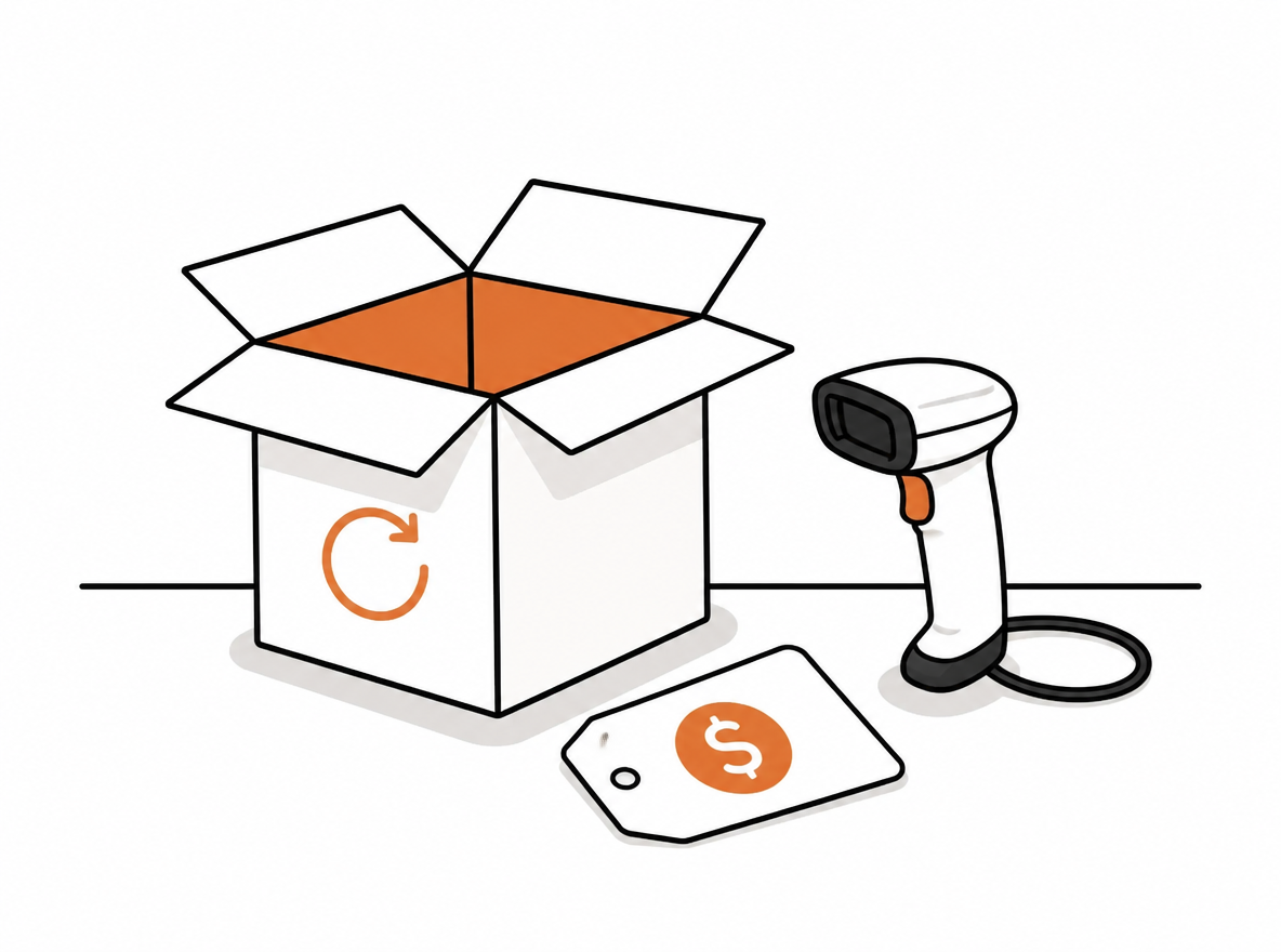 An open return parcel on a desk with a barcode scanner and refund labels, minimal illustration