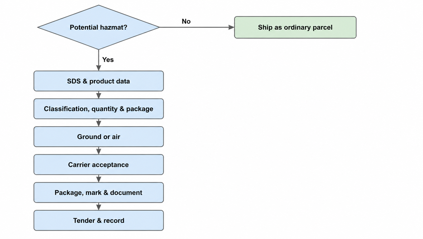 Hazmat carrier decision tree: potential hazmat? ship as ordinary parcel; otherwise SDS, classification, ground or air, carrier acceptance, package mark document, tender and record