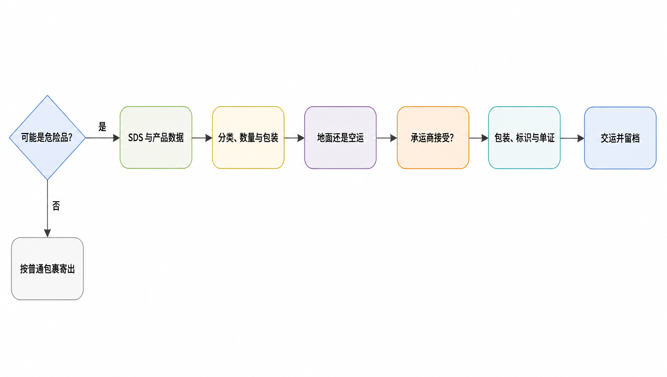 危险品承运商选择决策树：可能是危险品？否则按普通包裹寄出；是则查 SDS、分类、地面还是空运、承运商是否接受、包装标识单证、交运并留档