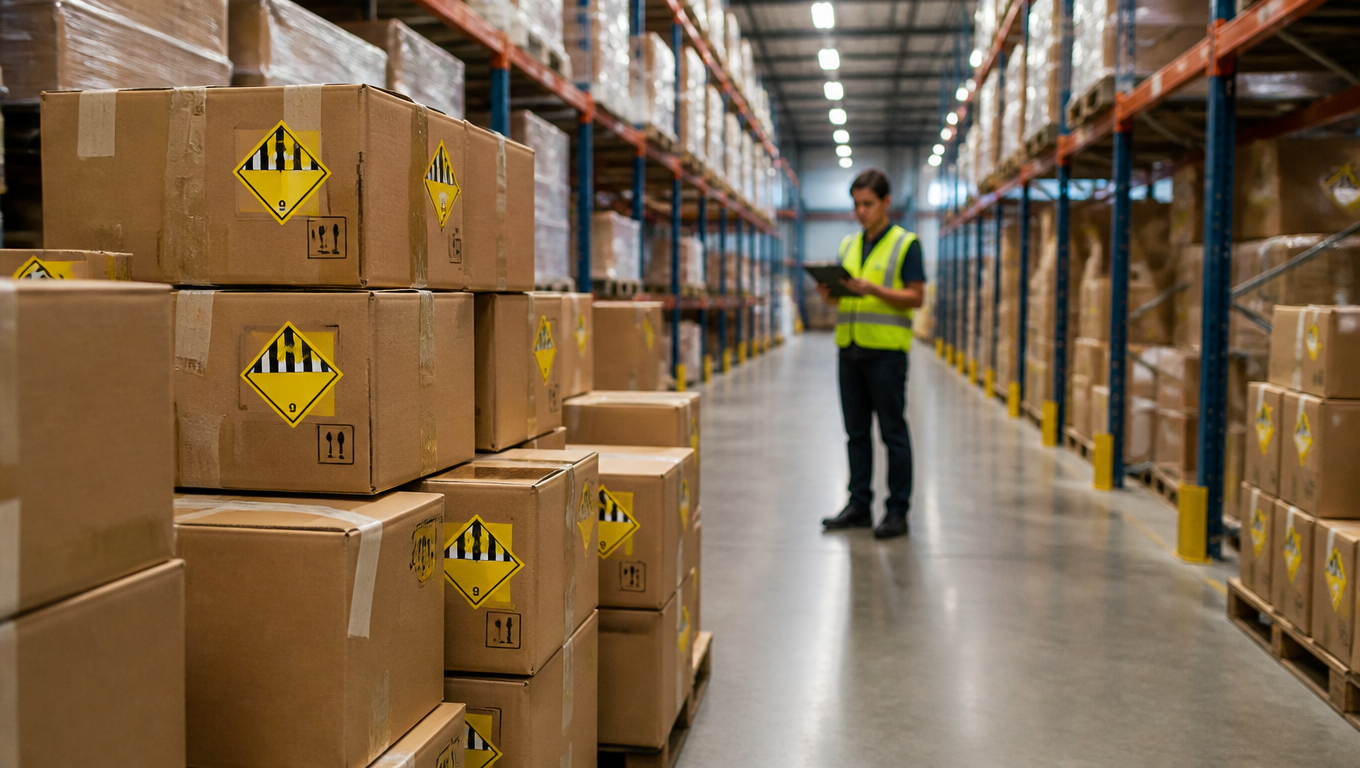 Warehouse aisle with hazard and battery labels on boxes as a worker checks documents.