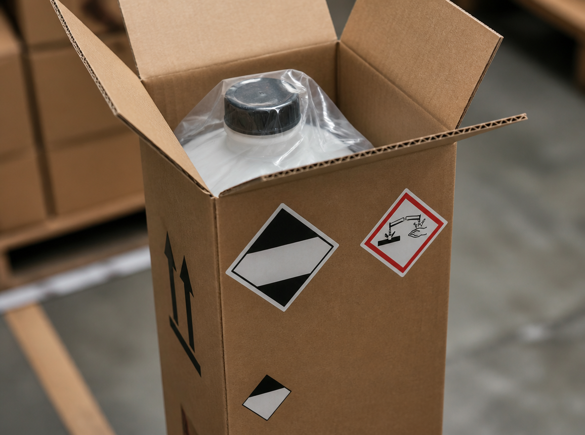Open UN specification box with sealed inner bottles, hazard labels, a limited quantity mark and orientation arrows.