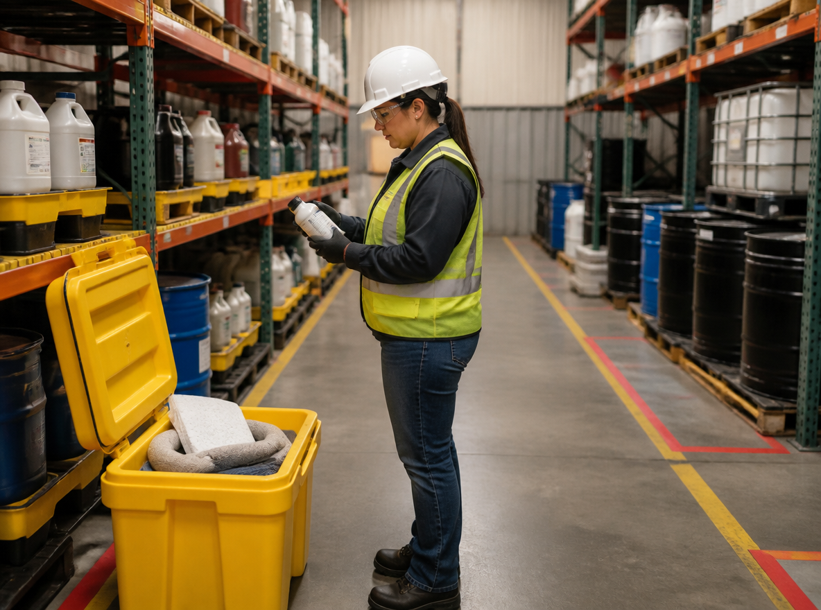 Warehouse chemical storage zones with containment drums, spill kits and floor markings separating incompatible goods.