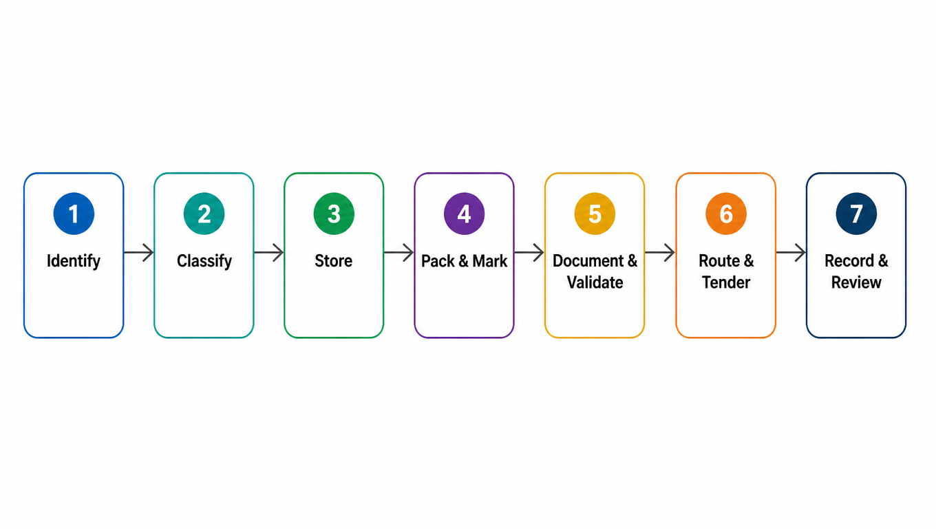 Eleven-step hazmat workflow: identify, classify, store, pack and mark, document and validate, route and tender, record and review