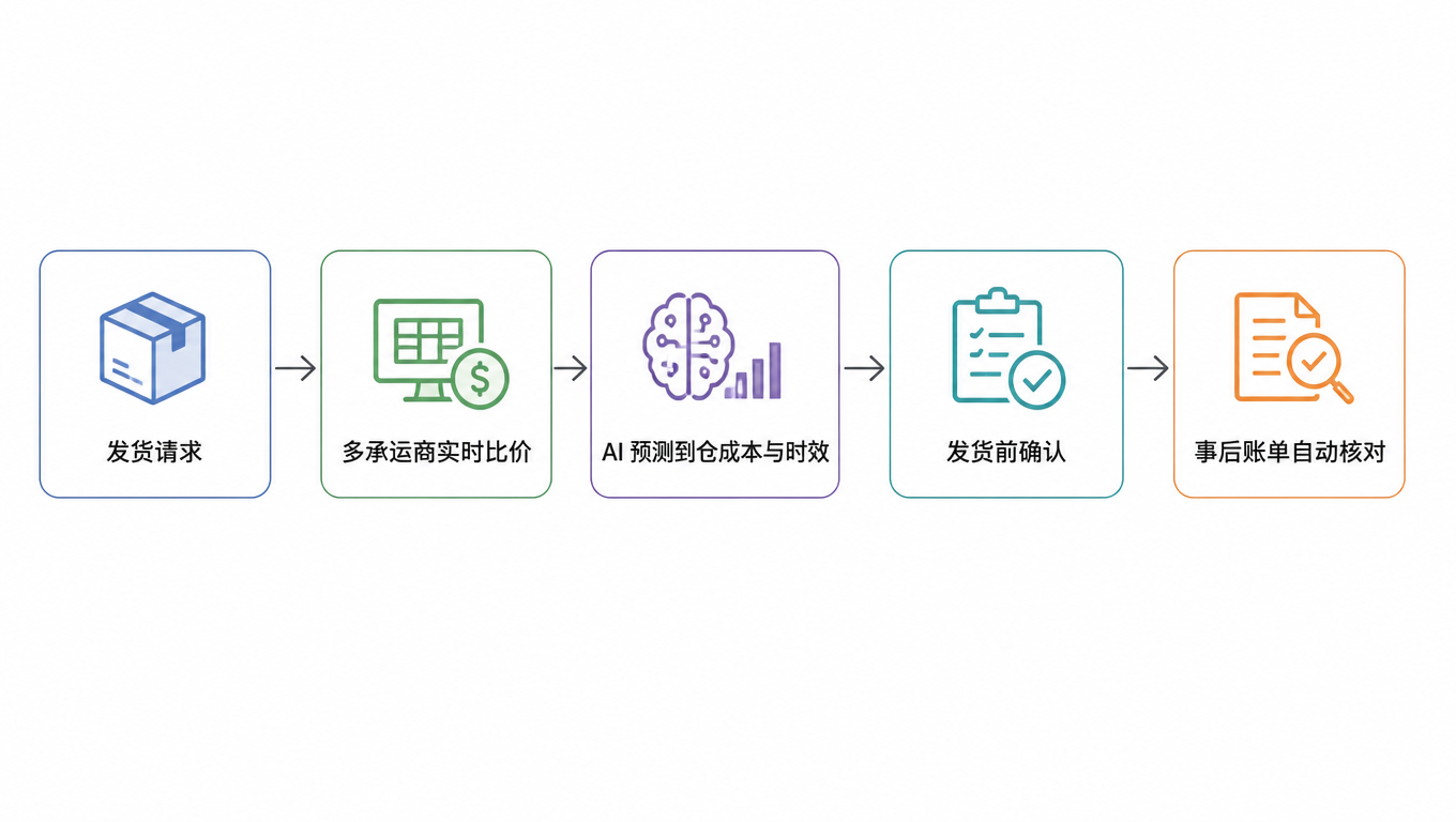 发货前运费审计流程图:发货请求、多承运商实时比价、AI 预测到仓成本与时效、发货前确认、事后账单自动核对